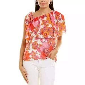 TRINA TURK Kapalua Floral Chiffon Shoulder Tie Pink Orange Top Blouse NWT Medium